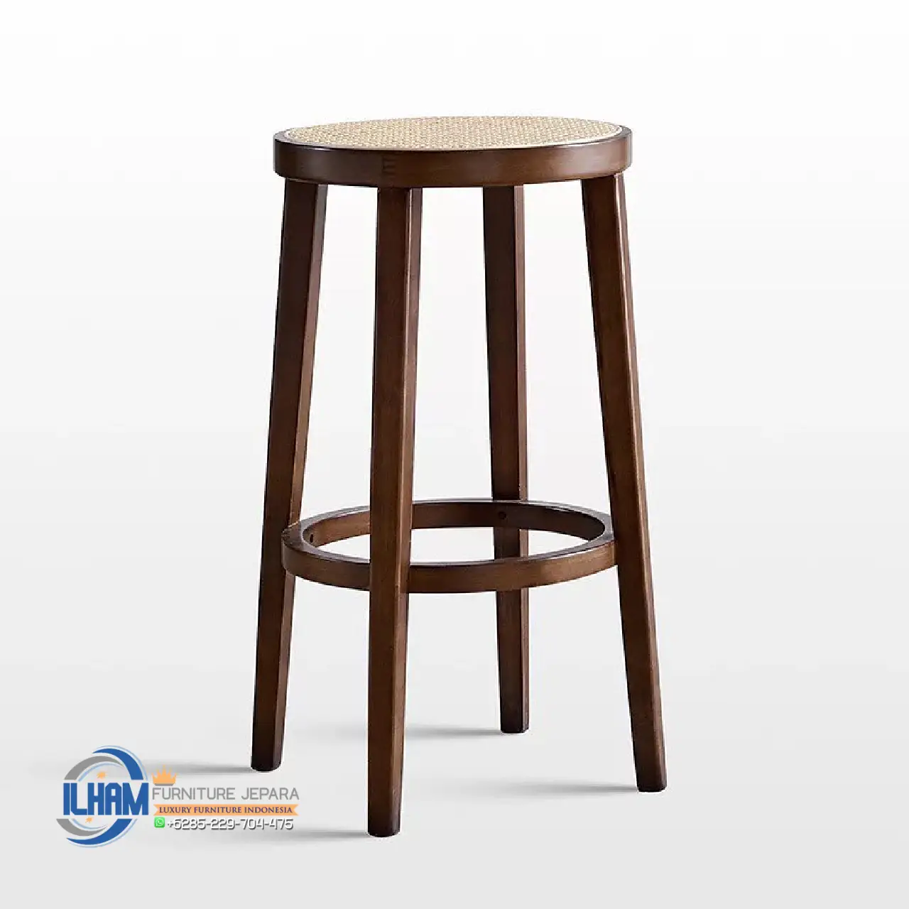 Bar Stool Kayu Jati Minimalis Dudukan Rotan Alami