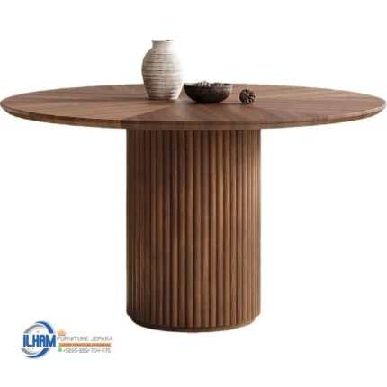 Meja Makan Bundar Kayu Jati Model Alas Bergaris-garis. Minimalis Terbaru Jepara