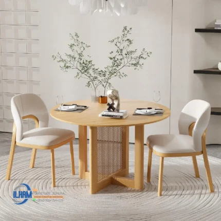 Set Meja Makan Bundar Minimalis Kaki Rotan Nordic style