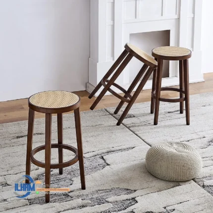 Stool Bar Kayu Jati Minimalis Dudukan Rotan Alami