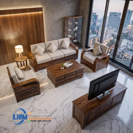 Sofa Tamu Mewah Minimalis Kayu Jati Jepara Terbaru Ruang Keluarga Modern